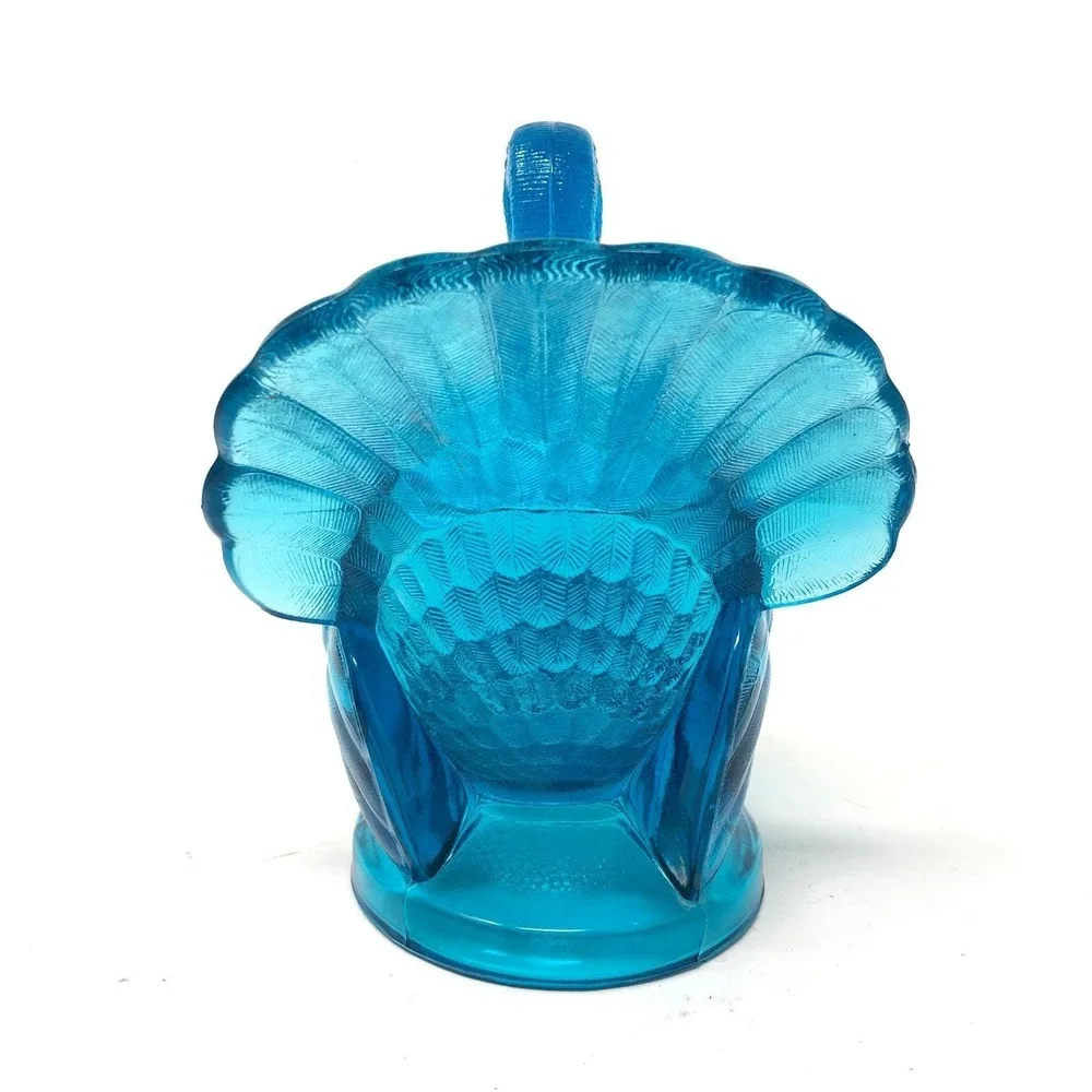 Vintage LE Smith Glass Turkey Covered Candy Dish‎ Blue Thanksgiving Decor
